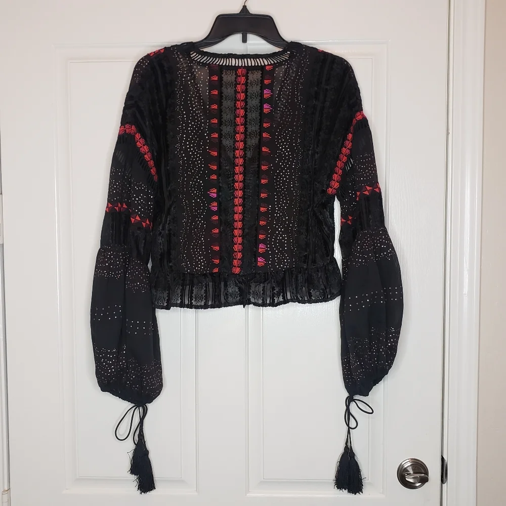 Free People embroidery and lace bell sleeve crop blouse, black and red, XS